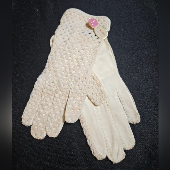 50s 60s Grandoe Leather & Crochet Cream Cottagecore Gloves Made Italy - Picture 1 of 15